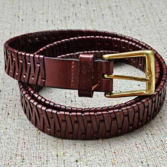 Genuine Leather Belt Brown Braided Unisex Gold Tone Solid Brass Buckle Waistband - Picture 2 of 12